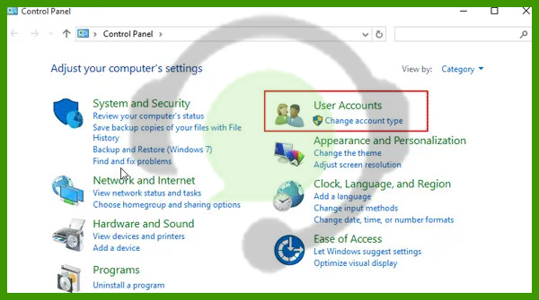 Click users account in control panel